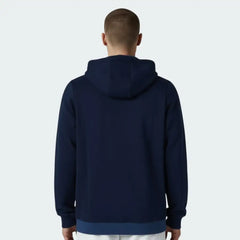 Adidas Men's Trefoil Fleece Hooded Track Jacket in collegiate navy, back view showcasing the hood and the continuation of the three stripes down the sleeves.