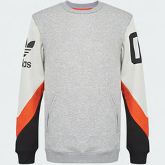 Adidas Crew Basketball Sweatshirt in grey fleece, front view showing ribbed crewneck, cuffs, and hem, with a subtle Adidas logo.