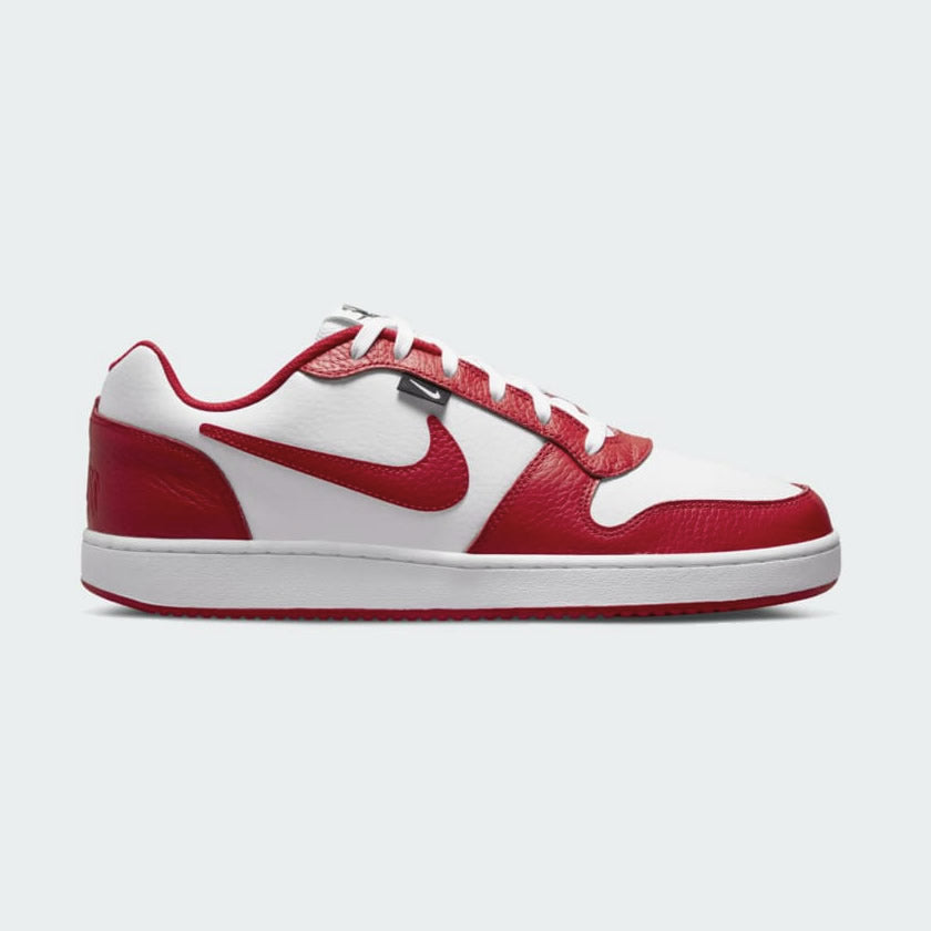 Nike Ebernon Low Premium Men's White Trainers AQ1774 side view showing white and red leather upper and Swoosh logo