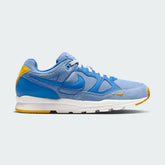 Nike Air Span II SE men's leather trainers in work blue and mountain blue, yellow, and white, side profile showing layered upper, classic silhouette, and Nike Swoosh.