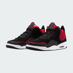 Angled view of two Jordan Courtside 23 Men's black basketball trainers, side by side, showcasing their bold design and iconic elements.