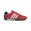 Studio lateral shot of the adidas Adi Racer Lo shoes in Better Scarlet, Cloud White, and Core Black, highlighting the low-profile nylon upper, double cross stitching, white serrated three-stripes, reflective piping, and slim rubber sole.