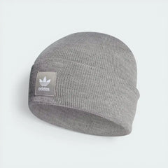 Side profile of the Medium Grey Heather beanie, highlighting the folded cuff and the textured rib-knit pattern.