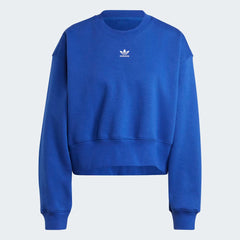 Adidas Adicolor Essentials Fleece Crew Sweatshirt Women's in blue, front view showing the ribbed crewneck, cuffs, and hem, and small embroidered Trefoil logo on the chest.