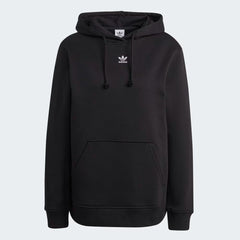 Adidas Adicolor Essentials Fleece Hoodie Women's in black, front view showing the drawcord hood, kangaroo pocket, and small embroidered Trefoil logo on the chest.