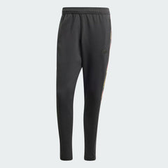 Adidas Tiro Running Track Pants in black, front view showing the tapered leg, elastic drawcord waist, and front zip pockets.