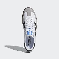 Top-down view of a pair of Adidas Samba OG Men's trainers in white, highlighting the leather upper, white laces, and iconic 3-Stripes.