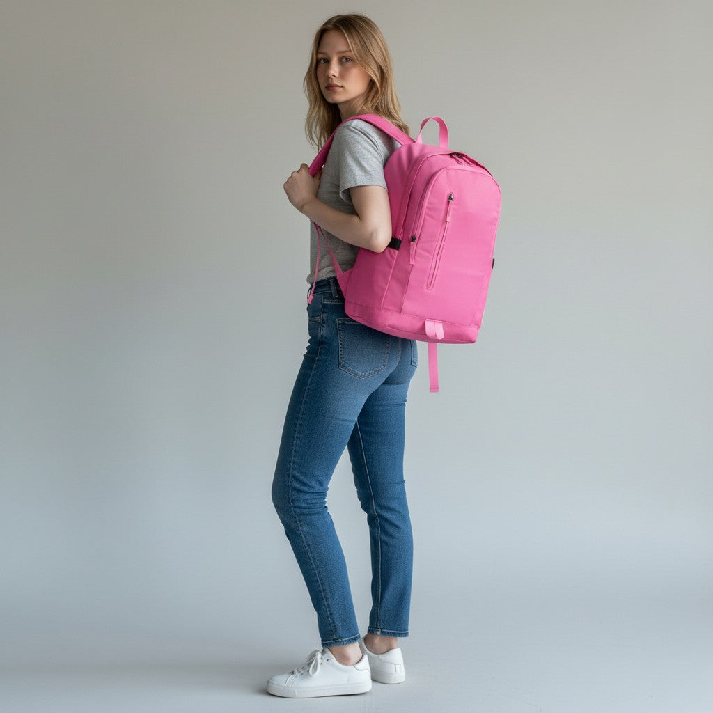 Woman wearing a pink backpack against a plain background