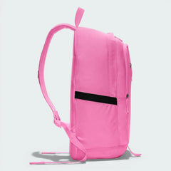 Side profile of the pink Nike All Access Soleday backpack, showing the slim construction and zippered side pocket.