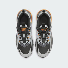 Top-down view of a pair of Nike Air Max 270 React Winter Juniors' trainers in black, highlighting their sleek silhouette and lace-up closure.