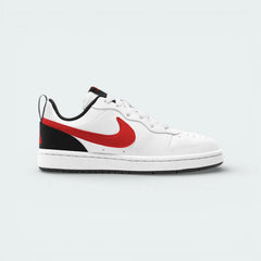 Side profile of the Nike Court Borough Low 2 in White, showing the bold University Red Swoosh and the clean, structured midsole.