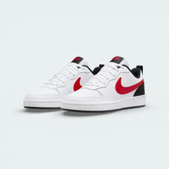 Angled shot of both Nike Court Borough trainers, showcasing the retro hoops silhouette and the high-contrast red and white leather-look finish.