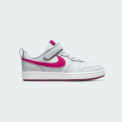 Nike Court Borough Low 2 Girls' trainers in pure platinum (off-white) with pink prime accents, side profile showing classic leather upper and a pink Nike Swoosh.
