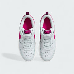 Top-down view of a pair of Nike Court Borough Low 2 Girls' trainers in off-white and pink, highlighting the lace-up closure and perforated toe box.