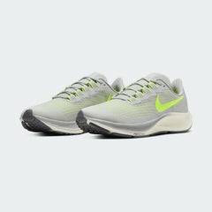 Angled view of two Nike Air Zoom Pegasus 37 Men's grey running trainers, side by side, showcasing their responsive design and athletic profile.