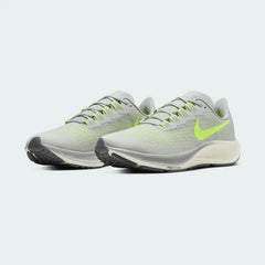 Angled view of two Nike Air Zoom Pegasus 37 Men's grey running trainers, side by side, showcasing their responsive design and athletic profile.