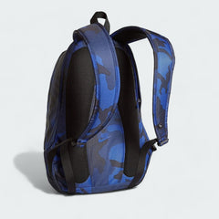 Nike Heritage Backpack in blue camouflage, back view showing padded shoulder straps and back panel for comfortable wear.