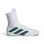 Side profile of the Cloud White and Collegiate Green Adidas Box Hog, showing the mid-cut silhouette and the vibrant green Three Stripes.
