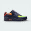 Side profile of the Nike Air Max 90 Leather, showing the Blackened Blue navy upper, vibrant Lemon Venom accents, and the iconic visible Air unit.