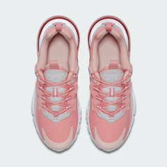 Top-down view of a pair of Nike Air Max 270 Juniors' trainers in bleached coral, highlighting their sleek silhouette and lace-up closure.