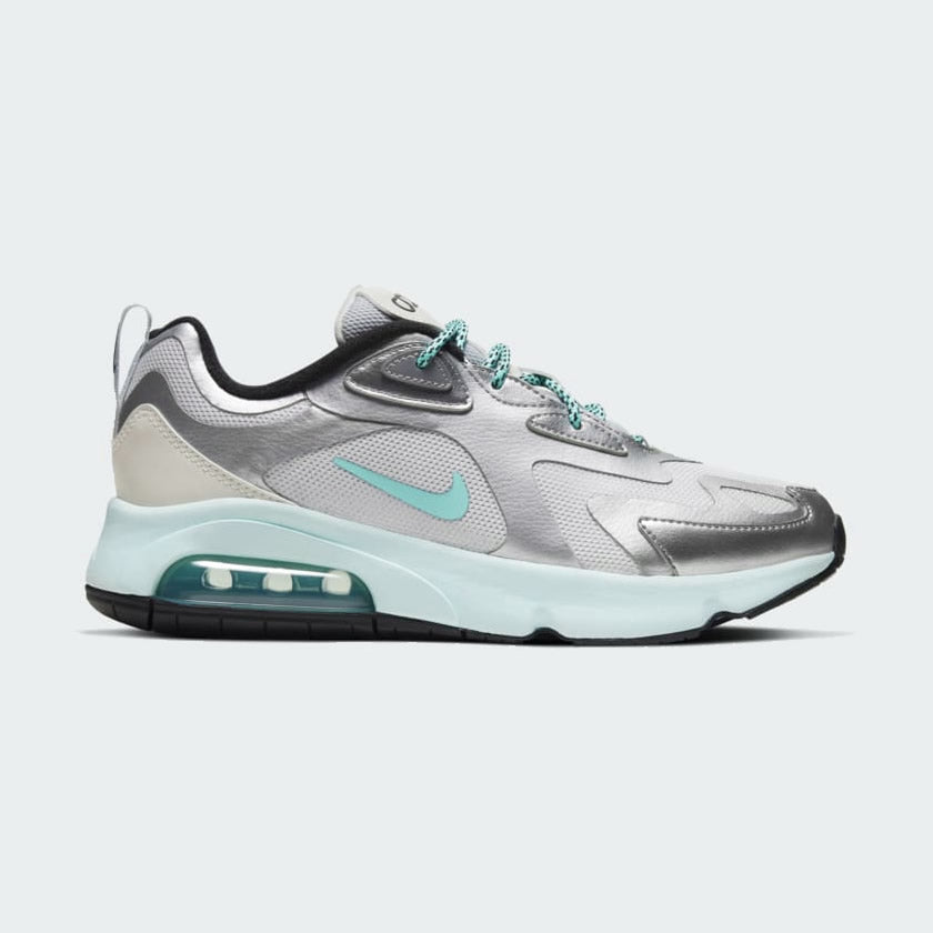Nike Air Max 200 Women's trainers in silver, side profile showing mesh upper, prominent side-visible Max Air unit, and sleek silhouette.