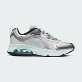 Nike Air Max 200 Women's trainers in silver, side profile showing mesh upper, prominent side-visible Max Air unit, and sleek silhouette.