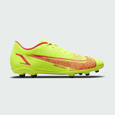 Nike Mercurial Vapor 14 Club FG/MG men's football boot in volt/black/crimson, side profile showing sleek design and Nike swoosh.