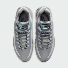 Top-down view of a pair of Nike Air Max 95 Men's running shoes in grey, highlighting their iconic silhouette and lacing system.