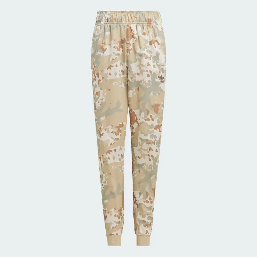 Top-down view of the joggers laid flat, showcasing the elasticated drawcord waist and the intricate multicolor camo pattern.
