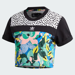 Adidas x Her Studio London Cropped Tee in a multicolour floral print, front view showing the ribbed crewneck, loose fit, and Adidas Trefoil logo.