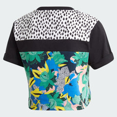 Adidas x Her Studio London Cropped Tee in a multicolour floral print, back view showcasing the continuation of the vibrant all-over graphic.