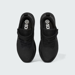 Top-down view of a pair of Nike Star Runner 3 Children's shoes in black, highlighting the easy-close strap and elastic laces (if present).