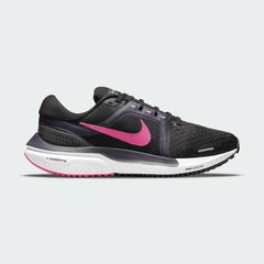 Nike Air Zoom Vomero 16 Women's Black Running Shoes DA7698-002 side view showing black mesh upper with pink Swoosh and cushioned midsole