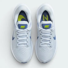 Top-down view of the Pure Platinum and Diffused Blue trainers, highlighting the breathable mesh texture across the toe box and the secure lacing system.