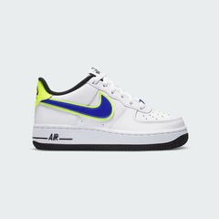 Nike Air Force 1 '07 Juniors' trainers in white with a racer blue Swoosh and volt accents, side profile showing classic leather upper and perforated toe box.