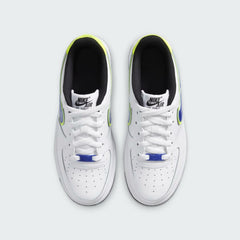 Top-down view of a pair of Nike Air Force 1 '07 Juniors' trainers in white, blue, and volt, highlighting the lace-up closure and iconic silhouette.