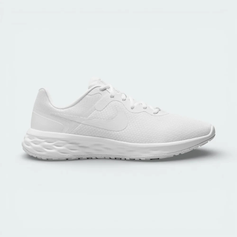 Nike Revolution 6 Men's trainers in a complete Triple White colorway, showing the sleek mesh upper, foam midsole, and iconic Swoosh.
