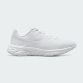 Nike Revolution 6 Women's training shoes in all white, side profile showing mesh upper, foam cushioning, and Nike Swoosh.