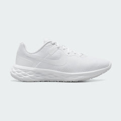Nike Revolution 6 Women's training shoes in all white, side profile showing mesh upper, foam cushioning, and Nike Swoosh.