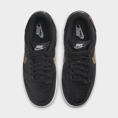 Top-down view of a pair of Nike Dunk Low SE Women's trainers in black leather, highlighting their iconic silhouette and lace-up closure.