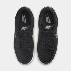 Top-down view of a pair of Nike Dunk Low SE Women's trainers in black leather, highlighting their iconic silhouette and lace-up closure.
