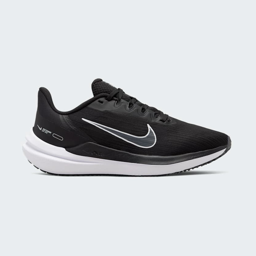 Nike Air Winflo 9 Women's Black Running Shoes DD8686-001 side view showing breathable black mesh upper with tonal Swoosh and cushioned midsole