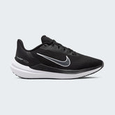 Nike Air Winflo 9 Women's Black Running Shoes DD8686-001 side view showing breathable black mesh upper with tonal Swoosh and cushioned midsole