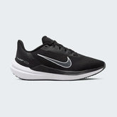 Nike Air Winflo 9 Women's Black Running Shoes DD8686-001 side view showing breathable black mesh upper with tonal Swoosh and cushioned midsole
