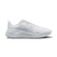 Highlights the high-velocity Metallic Silver Nike Swoosh slashing across the professional depth of the Pure Platinum mesh upper and the sculpted white midsole wall.