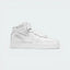 Highlights the high-velocity sweep of the clean white leather Nike Swoosh, showing the professional, matte texture of the all-white panels and the crisp alignment of the hook-and-loop ankle closure strap resting above the thick rubber midsole wall.