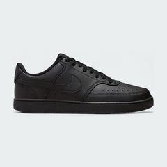 Nike Court Vision Lo Next Nature Men's trainers in all black, side profile showing classic basketball-inspired design, stitched overlays, and Nike Swoosh.