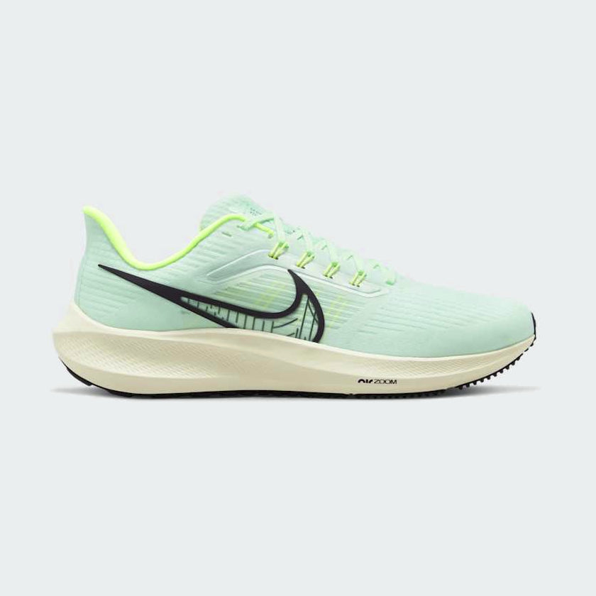 Nike Air Zoom Pegasus 39 Men's running trainers in mint foam green, side profile showing engineered mesh upper, prominent Nike Swoosh, and cushioned midsole.