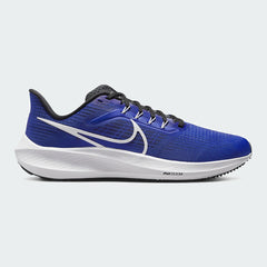 Nike Air Zoom Pegasus 39 Men's running trainers in racer blue with white accents, side profile showing engineered mesh upper, prominent Nike Swoosh, and cushioned midsole.