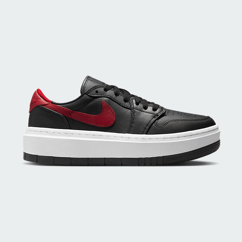 Air Jordan 1 Elevate Low Women's trainers in black, gym red, and white, side profile showing leather upper, exaggerated platform sole, and a classic Swoosh.